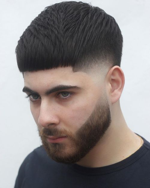 Blunt fringe crop with skin fade showing sharp horizontal line and clean sides 2026