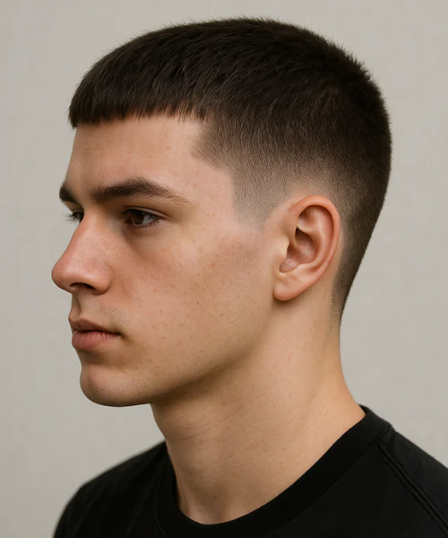 Burr cut with low fade showing uniform short length with subtle fade at professional barbershop