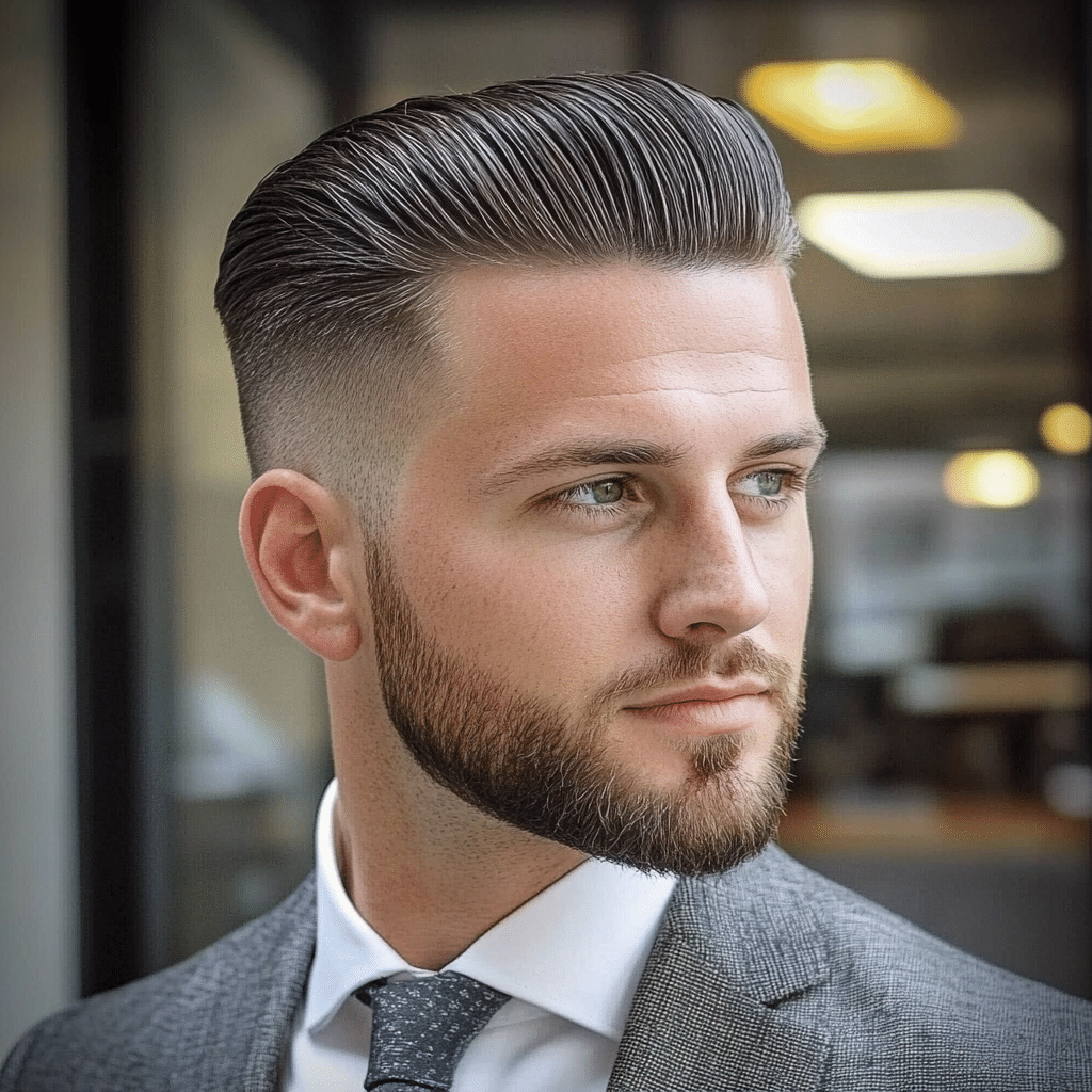 Classic pompadour professional business haircut for men Queens NYC showing volume top professional executive style 2026