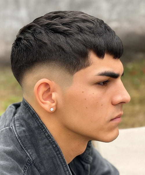 French crop with burst fade haircut showing curved fade around ear mens Queens NYC 2026