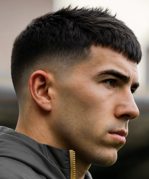French crop with low fade haircut for men showing gradual taper and textured fringe Queens NYC 2026