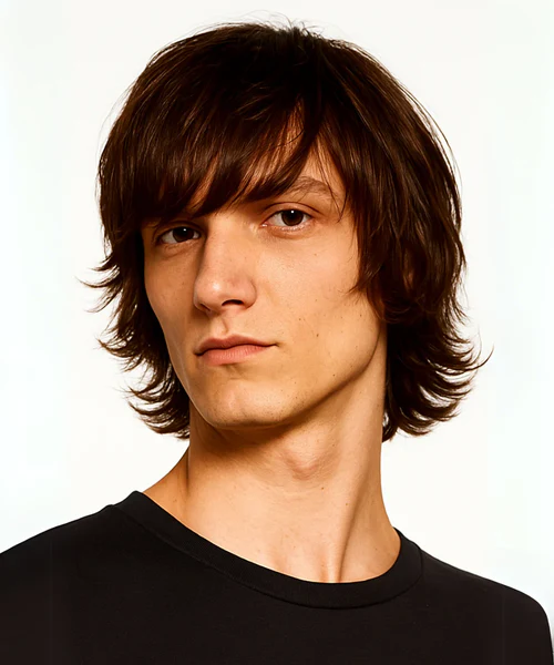 Long fringe crop with extended bangs and textured styling mens Queens NYC 2026