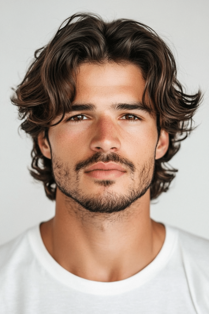 Long layered hairstyle with curtain bangs showing 90s revival trend for 2026