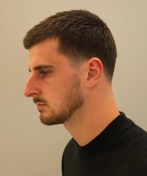 Low taper crew cut low maintenance mens haircut Queens NYC showing gradual taper crew style 2026