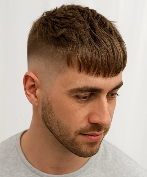 Modern Caesar crop with added texture and contemporary fade mens Queens NYC 2026