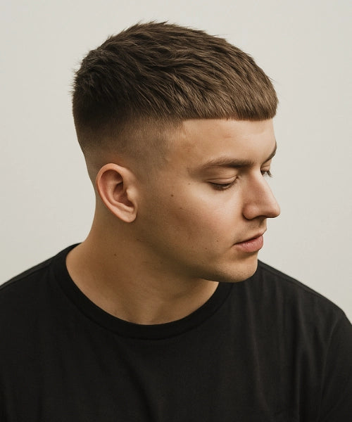 Short modern Caesar crop with contemporary fade and minimal fringe mens 2026