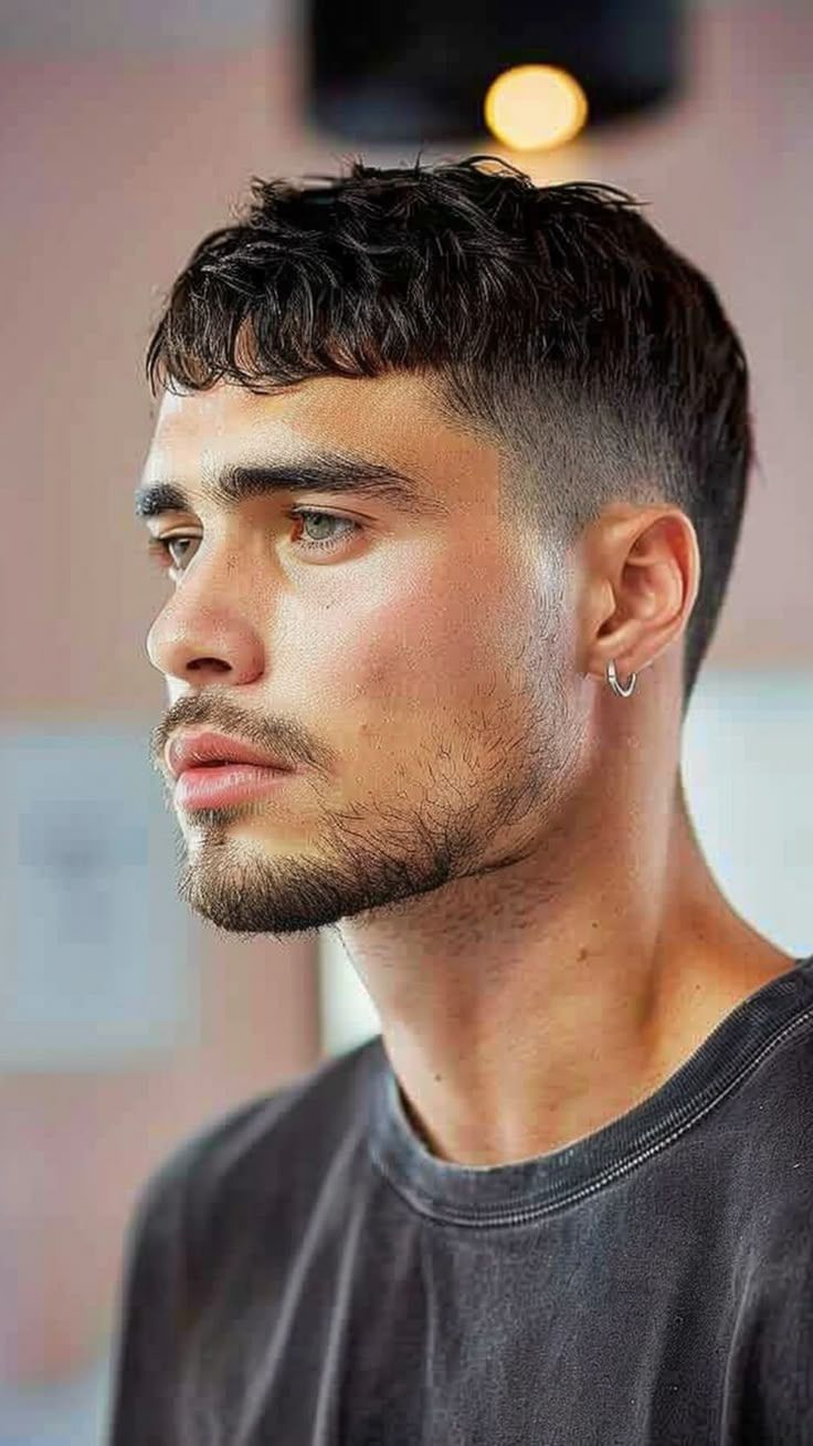 Short Caesar fringe crop with defined forward bangs and tapered sides mens Queens NYC 2026