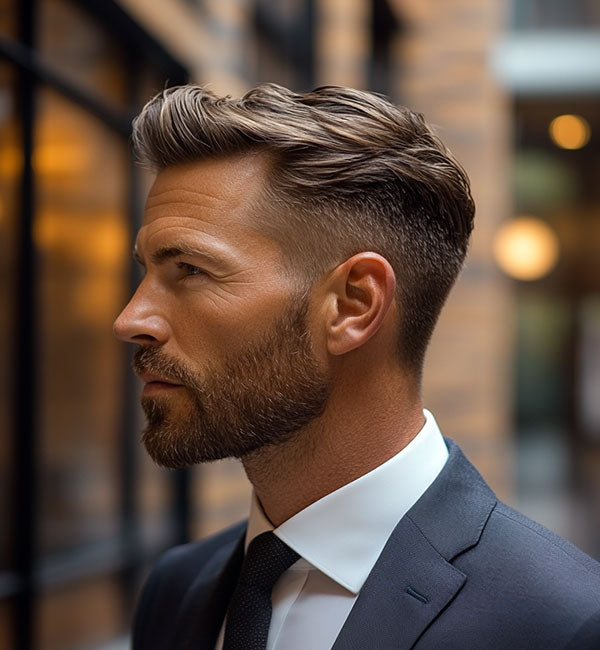 Professional business haircut with beard for men Queens NYC showing corporate professional groomed style 2026