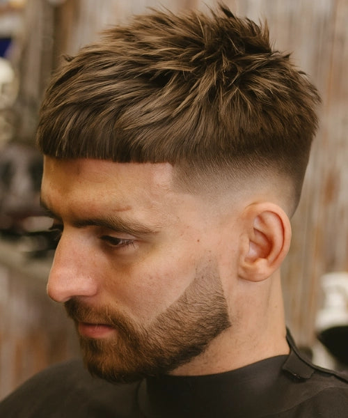 Classic Caesar crop haircut with short horizontal fringe and uniform length mens Queens 2026