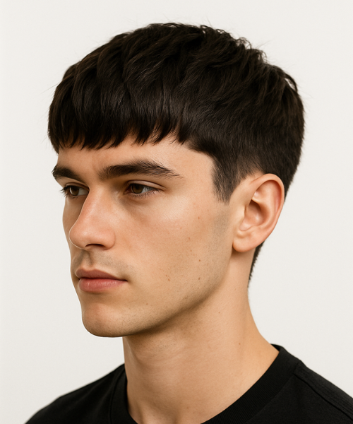 Textured fringe crop haircut with choppy layers and messy styling mens Queens 2026